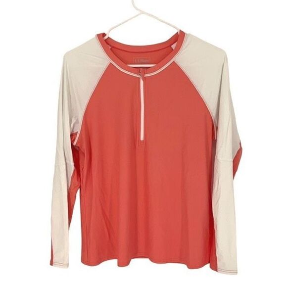 L.L. Bean Rash guard 1/4 Quarter Zip Jersey Shirt Top Size Large Coral/White - Picture 1 of 6